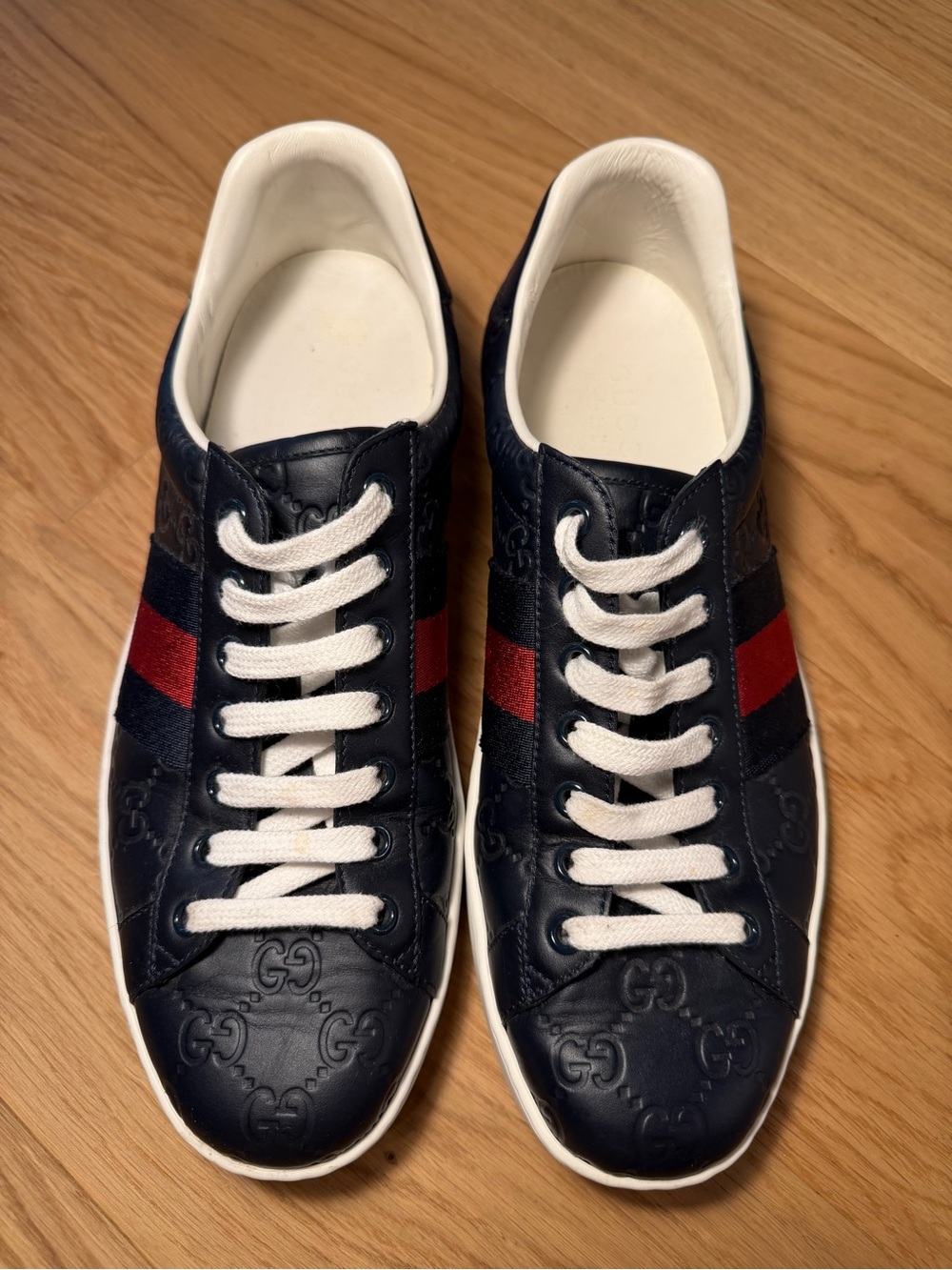Gucci Navy Leather Men's Sneaker with Red and Blue Web